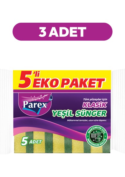 Klasik Yeşil Sünger Düz 5'li Paket Üçlü Set