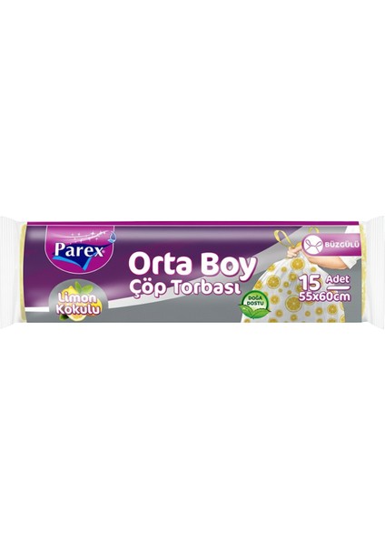 Premium Büzgülü Çöp Torbası Limon Kokulu Orta Boy 15'li 55 x 60 cm