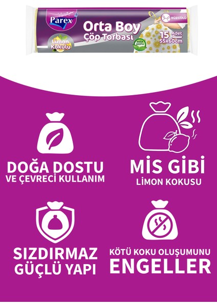 Premium Büzgülü Çöp Torbası Limon Kokulu Orta Boy 15'li 55 x 60 cm fiyatları