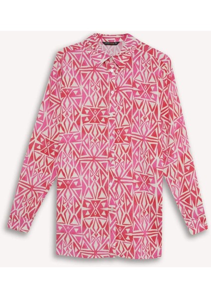 Oversize Geniş Kalıp Desenli Uzun Kollu Gömlek Tunik