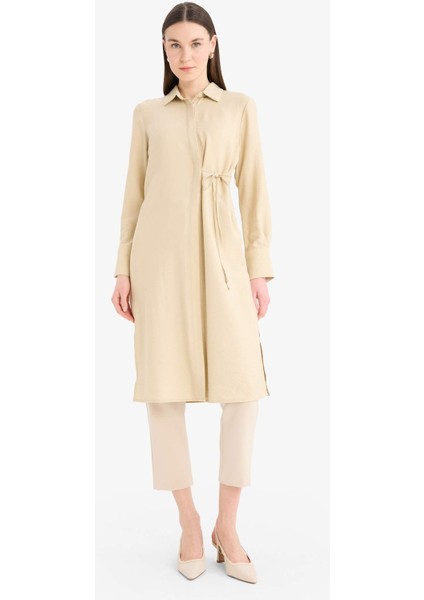 Regular Fit Gömlek Yaka Büzgülü Uzun Kollu Diz Altı Tesettür Tunik