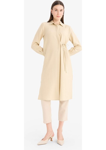 Regular Fit Gömlek Yaka Büzgülü Uzun Kollu Diz Altı Tesettür Tunik