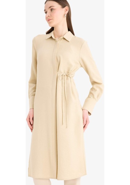 Regular Fit Gömlek Yaka Büzgülü Uzun Kollu Diz Altı Tesettür Tunik