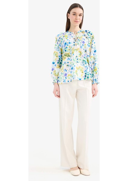 Relax Fit Bağcıklı Yaka Desenli Uzun Kollu Tesettür Gömlek Tunik E1100AX25HS