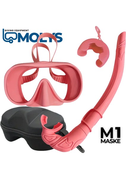 Molys M1 Dalış Maskesi + Maske Kutusu + Aynı Renk Şnorkel + Şnorkel Kabı + Free Dom Antı Fog Buğu Önleyici Cam Filmi Pembe