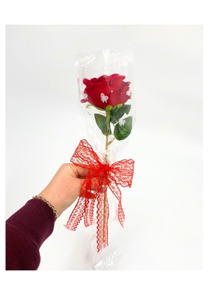 Tek Dal Kadife Kırmızı Gül – Şeffaf Ambalajlı Yapay Çiçek