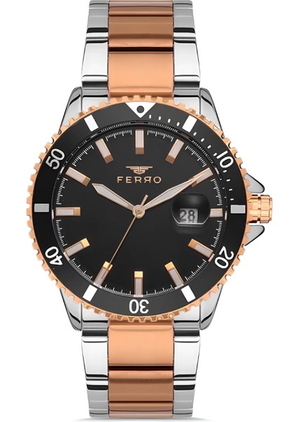 Ferro Rose ve Gümüş Çelik Kordon Erkek Kol Saati 3 Atm Su Geçirmez TH-F11238A-E2