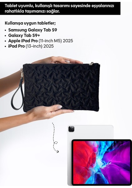 Yıldız Desenli Siyah Süet Portföy Çanta