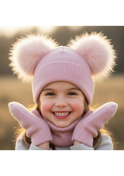 Ponpon Detaylı Kız Çocuk Bere Takımı