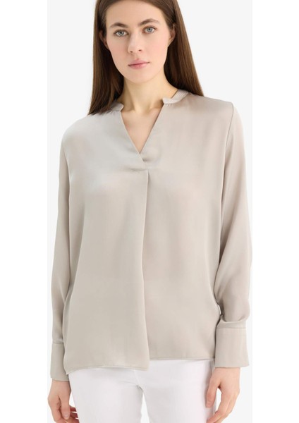 Regular Fit Apaş Yaka Saten Uzun Kollu Bluz C3217AX25SP