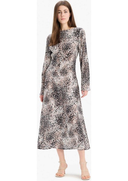 A Kesim Kayık Yaka Leopar Desenli Maroken Uzun Kollu Midi Elbise