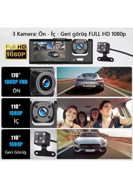 çınar ticaret s-1 1080p araç ıçi kamera 3 kameralı ( ön görüş - geri görüş - ıç görüş ) gece görüşlü fiyatları