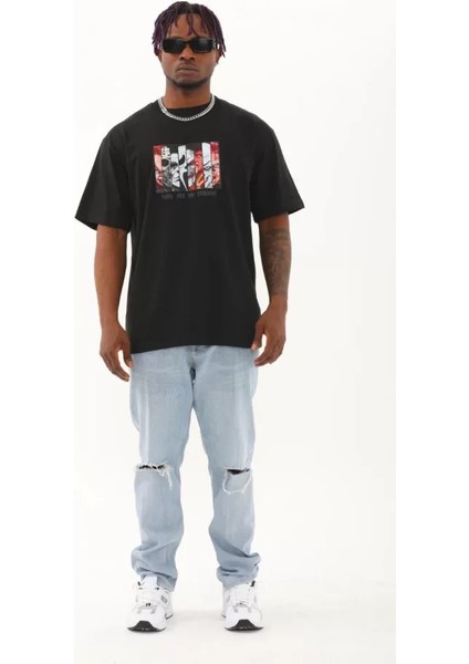 Unisex Oversize Baskılı Bisiklet Yaka T-Shirt - Siyah fırsatları