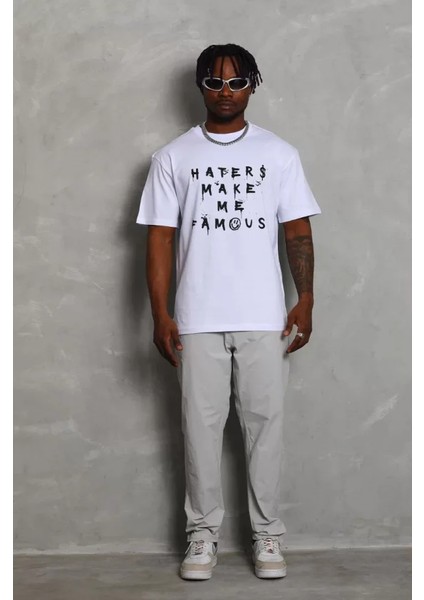 Unisex Oversize Baskılı Bisiklet Yaka T-Shirt - Beyaz modelleri