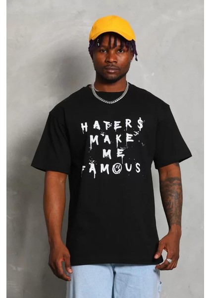 Unisex Oversize Baskılı Bisiklet Yaka T-Shirt - Siyah