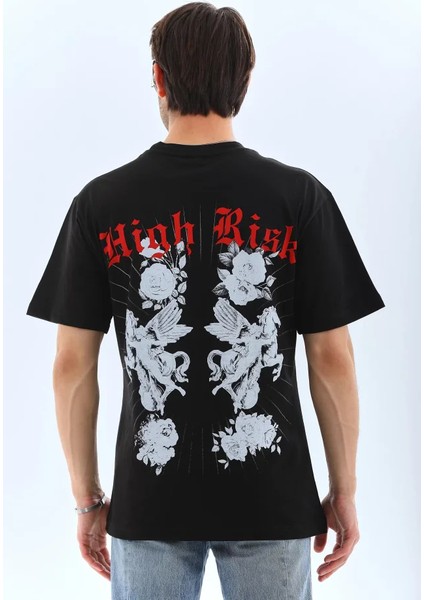 Unisex Oversize Baskılı Bisiklet Yaka T-Shirt - Siyah fiyatları