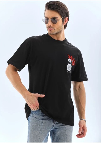 Unisex Oversize Baskılı Bisiklet Yaka T-Shirt - Siyah modelleri