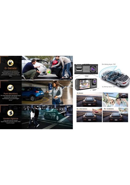 çınar ticaret 1s wifi / app /1920p fhd/ 170° ultra geniş açı/gece görüş/ g-sensörü 3 kameralı araç kamerası(2025) indirimleri