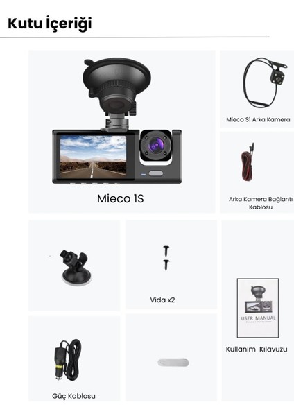 çınar ticaret 1s wifi / app /1920p fhd/ 170° ultra geniş açı/gece görüş/ g-sensörü 3 kameralı araç kamerası(2025)