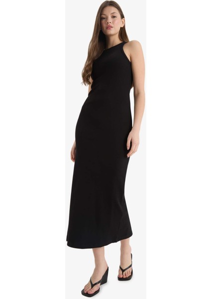 Bodycon Vücudu Saran Halter Yaka Fitilli Kaşkorse Kolsuz Maxi Siyah Yazlık Elbise A4828AX25SM