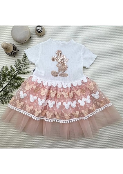 1-2-3 Yaş Payetli Baskılı Brode Etekli Kız Bebek Elbisesi Pudra