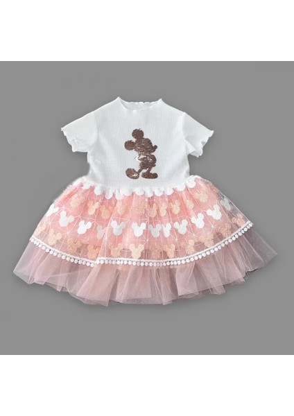 1-2-3 Yaş Payetli Baskılı Brode Etekli Kız Bebek Elbisesi Pudra fiyatları