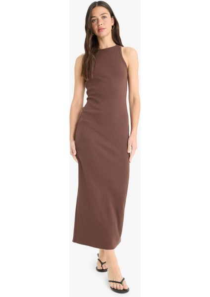 Bodycon Vücudu Saran Halter Yaka Fitilli Kaşkorse Kolsuz Maxi Elbise A4828AX25SM