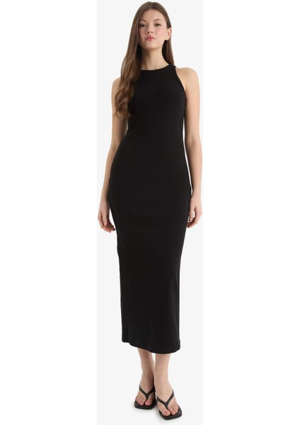 Bodycon Vücudu Saran Halter Yaka Fitilli Kaşkorse Kolsuz Maxi Siyah Yazlık Elbise A4828AX25SM