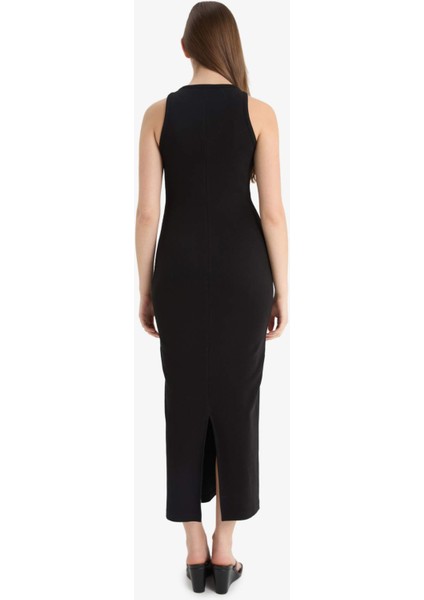 Bodycon Vücudu Saran Halter Yaka Fitilli Kaşkorse Kolsuz Maxi Siyah Yazlık Elbise A4828AX25SM