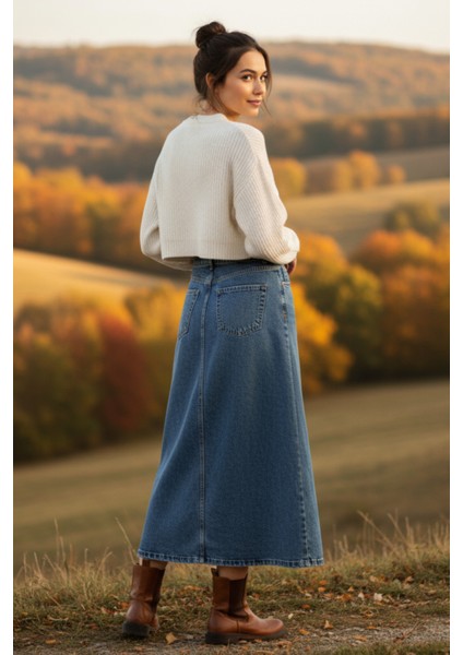 Kadın Denim Pamuklu Mavi Çan Etek fırsatları