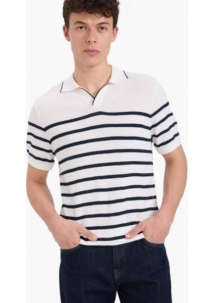 %100 Pamuk Standart Fit Polo Yaka Kısa Kollu Çizgili Tişört E5861AX25SP