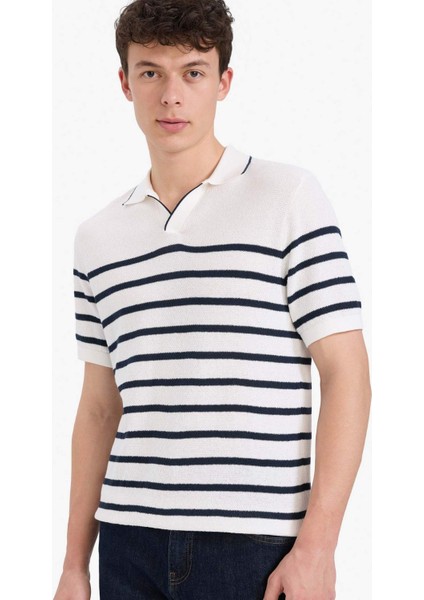 %100 Pamuk Standart Fit Polo Yaka Kısa Kollu Çizgili Tişört E5861AX25SP