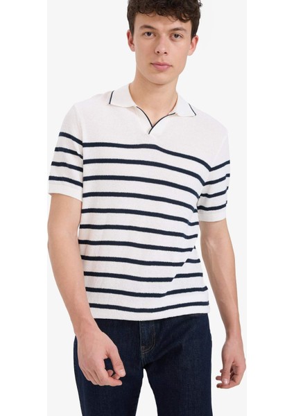 %100 Pamuk Standart Fit Polo Yaka Kısa Kollu Çizgili Tişört E5861AX25SP