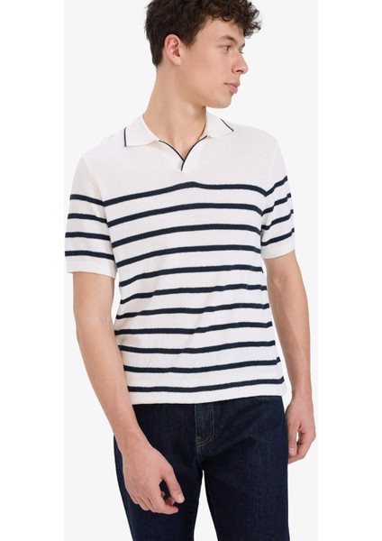 %100 Pamuk Standart Fit Polo Yaka Kısa Kollu Çizgili Tişört E5861AX25SP