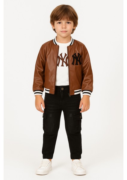 Çocuk Deri Görünümlü Ceket & Baskılı Tişört & Kargo Pantolon 3’lü Kombin Takım