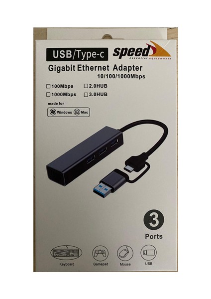 çınar ticaret speed sp-uet01 3 port usb type-c to ethernet gigabit ethernet rj45 çevirici