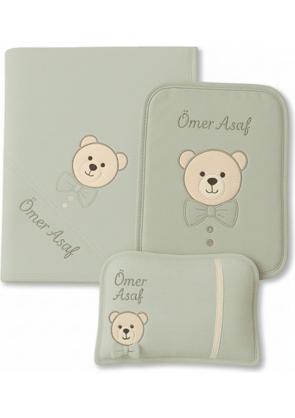 Fiyonklu Ayıcık Desenli Isme Özel Nakışlı Mint Yeşili 3 Lü Bebek Alt Açma Seti