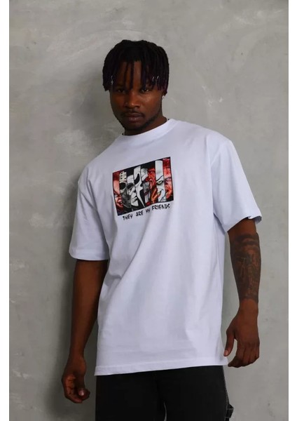 Unisex Oversize Baskılı Bisiklet Yaka T-Shirt - Beyaz fiyatları