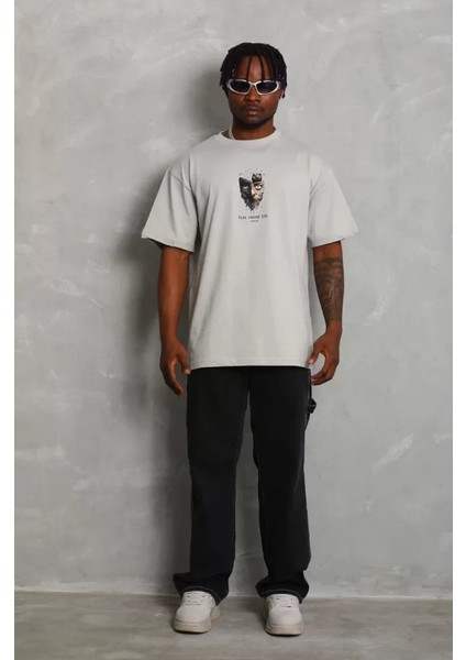 Unisex Oversize Baskılı Bisiklet Yaka T-Shirt - Gri modelleri