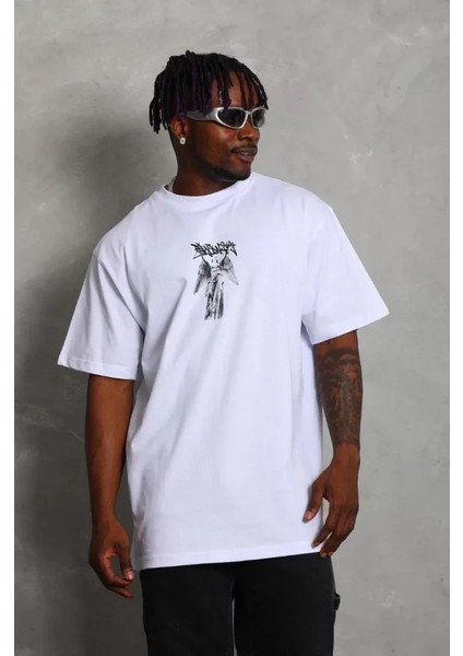 Unisex Oversize Baskılı Bisiklet Yaka T-Shirt - Beyaz fiyatları