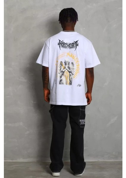 Unisex Oversize Baskılı Bisiklet Yaka T-Shirt - Beyaz fırsatları