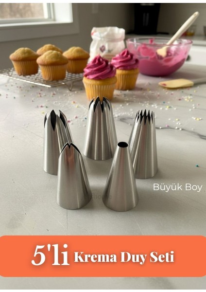 Büyük Boy 5’li Krema Duy Seti – Paslanmaz Çelik Pasta, Cupcake ve Tatlı Süsleme Uçları Set-1