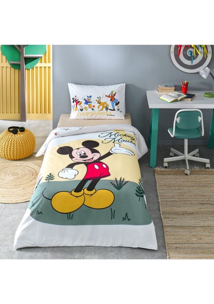 Lisanslı Fitted Çarşaflı Tek Kişilik Çocuk Nevresim Takımı-Mickey Nomadic Sarı fiyatları