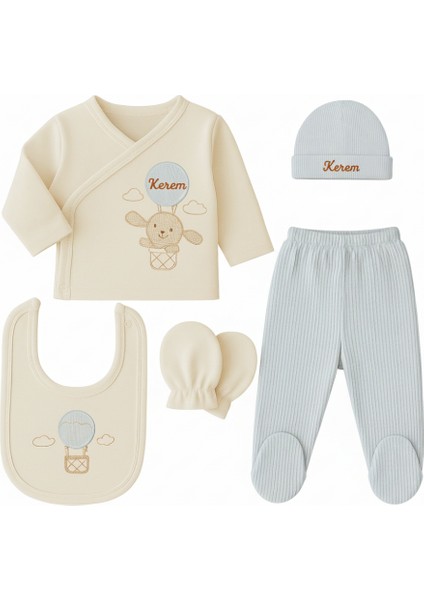Tavşan Desenli Isme Özel Nakışlı Krem Mavi 5 Li Yenidoğan Hastane Çıkış Bebek Takımı
