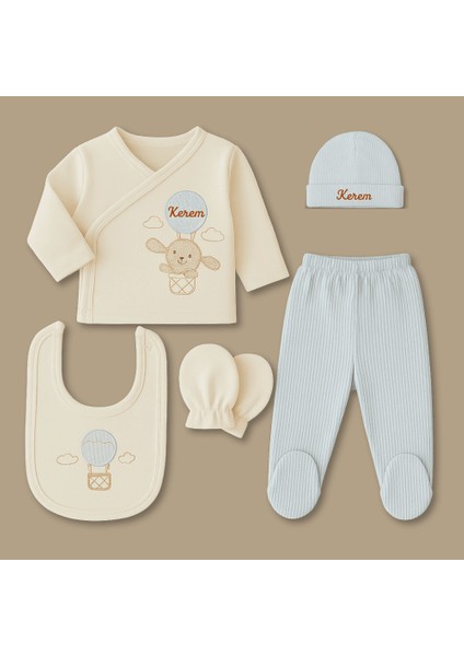 Tavşan Desenli Isme Özel Nakışlı Krem Mavi 5 Li Yenidoğan Hastane Çıkış Bebek Takımı modelleri