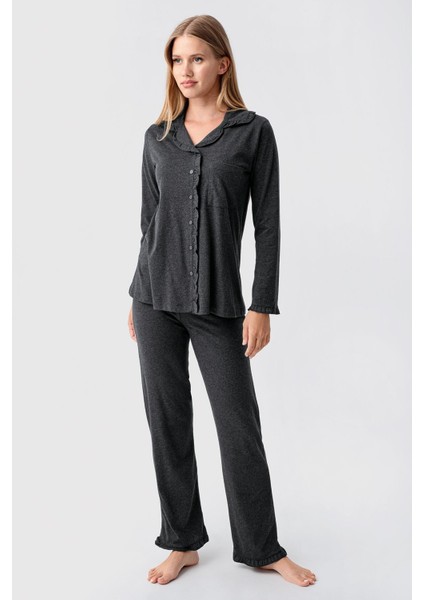 Kadın Uzun Kollu Düğmeli Esnek Pamuklu Sabahlık Pijama Takımı 23112 fiyatları