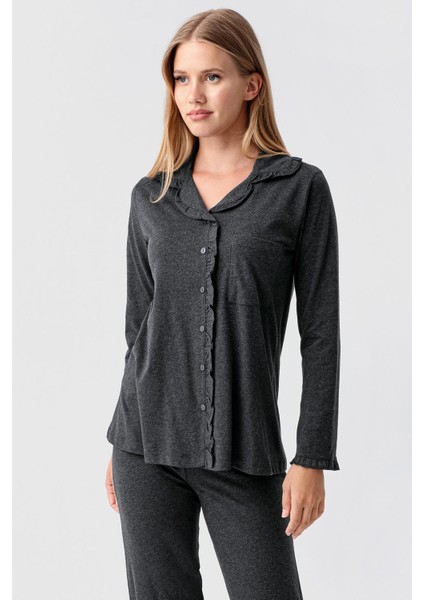 Kadın Uzun Kollu Düğmeli Esnek Pamuklu Sabahlık Pijama Takımı 23112 fırsatları