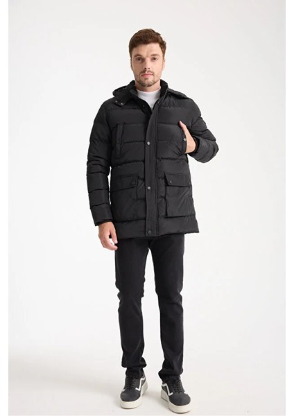 Erkek Siyah Çıkarılabilir Kapüşonlu Şişme Mont modelleri