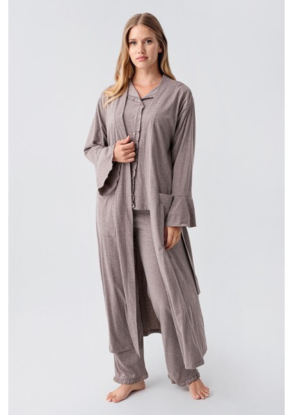 Kadın Uzun Kollu Düğmeli Esnek Pamuklu Sabahlık Pijama Takımı 23112