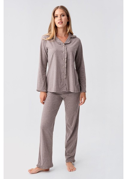 Kadın Uzun Kollu Düğmeli Esnek Pamuklu Sabahlık Pijama Takımı 23112 fiyatları